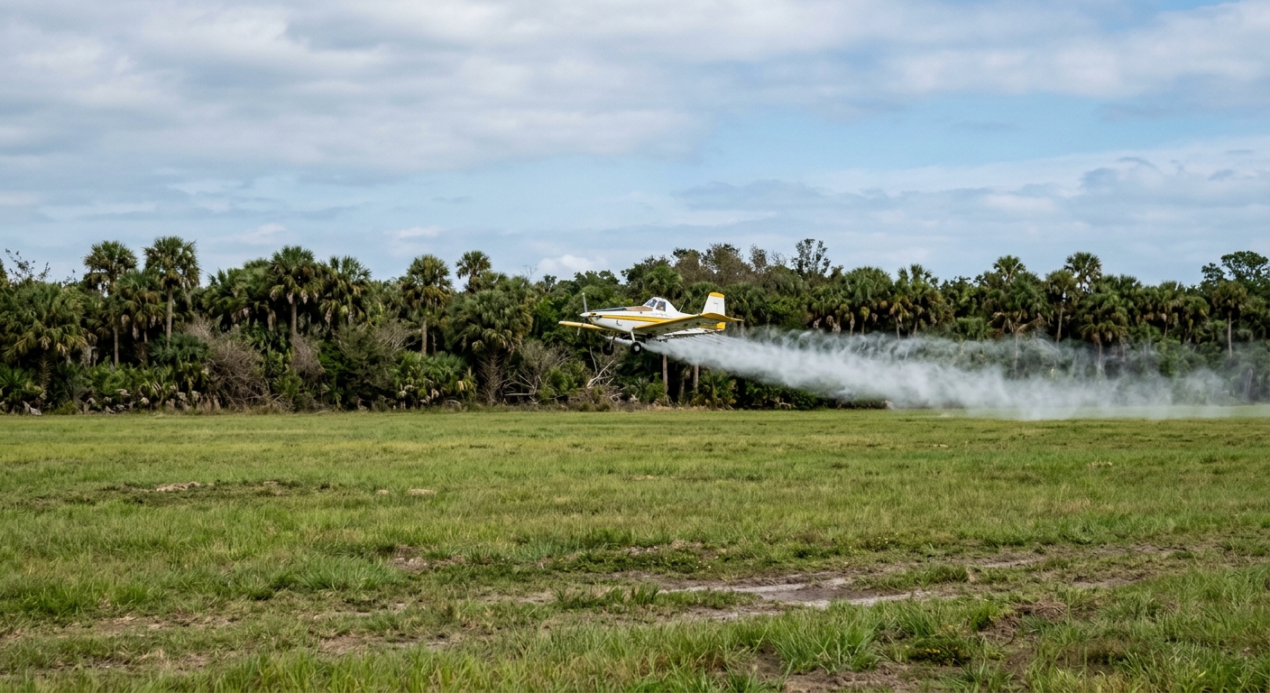 a small airplane flying low and releasing a trail of fine mist over a flat, grassy field lined with palm trees and dense brush, natural everyday lighting, shot