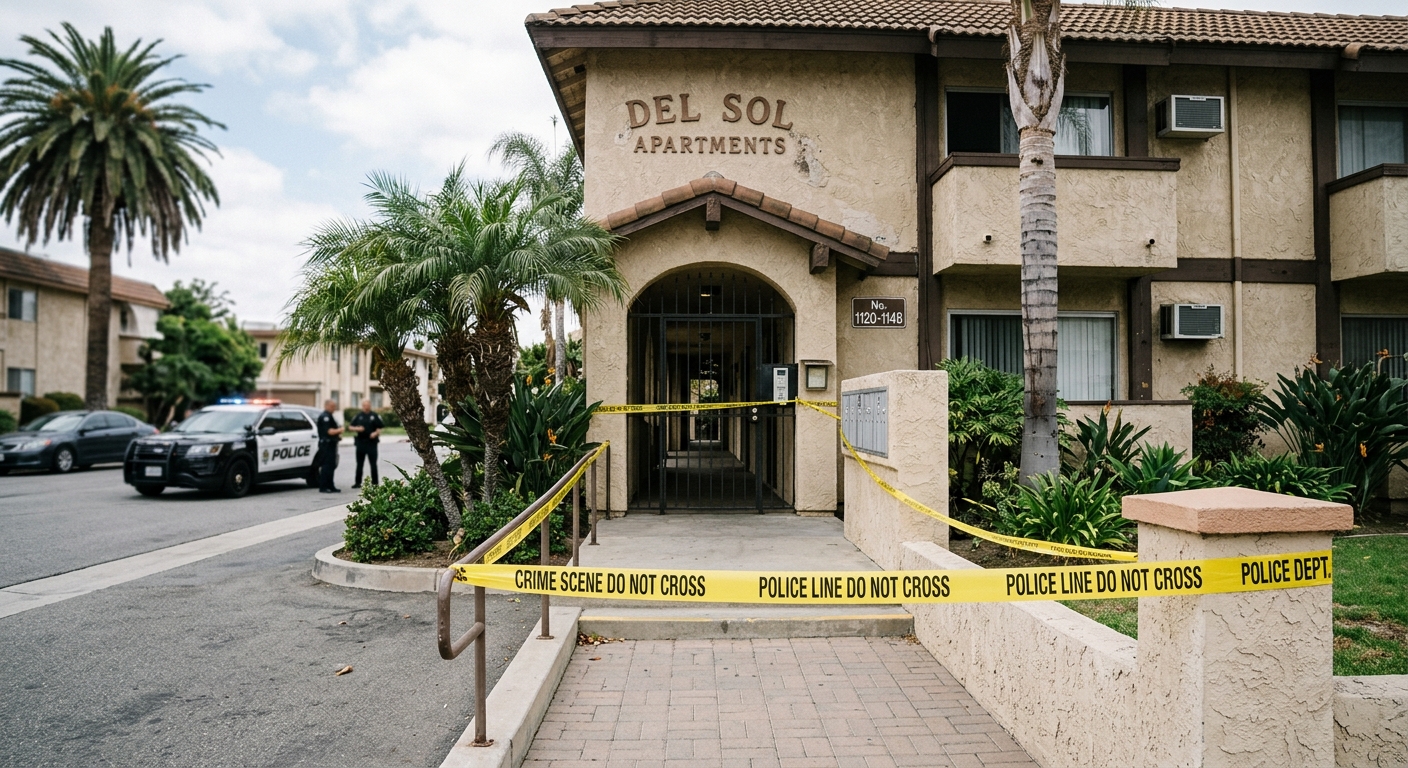 yellow crime scene tape stretched across the entrance of a generic stucco apartment complex with palm trees, an out-of-focus police cruiser parked in the backgr