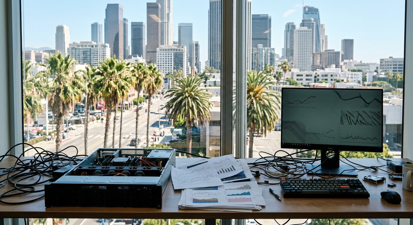 a modern office desk featuring computer server components and scattered financial charts with abstract line graphs, set against a large window revealing a sunny