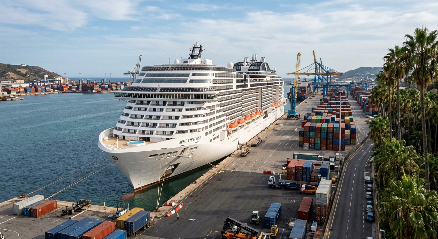 a large white cruise ship docked at a busy commercial port with stacked shipping containers, asphalt, and tall green palm trees in the background, natural every