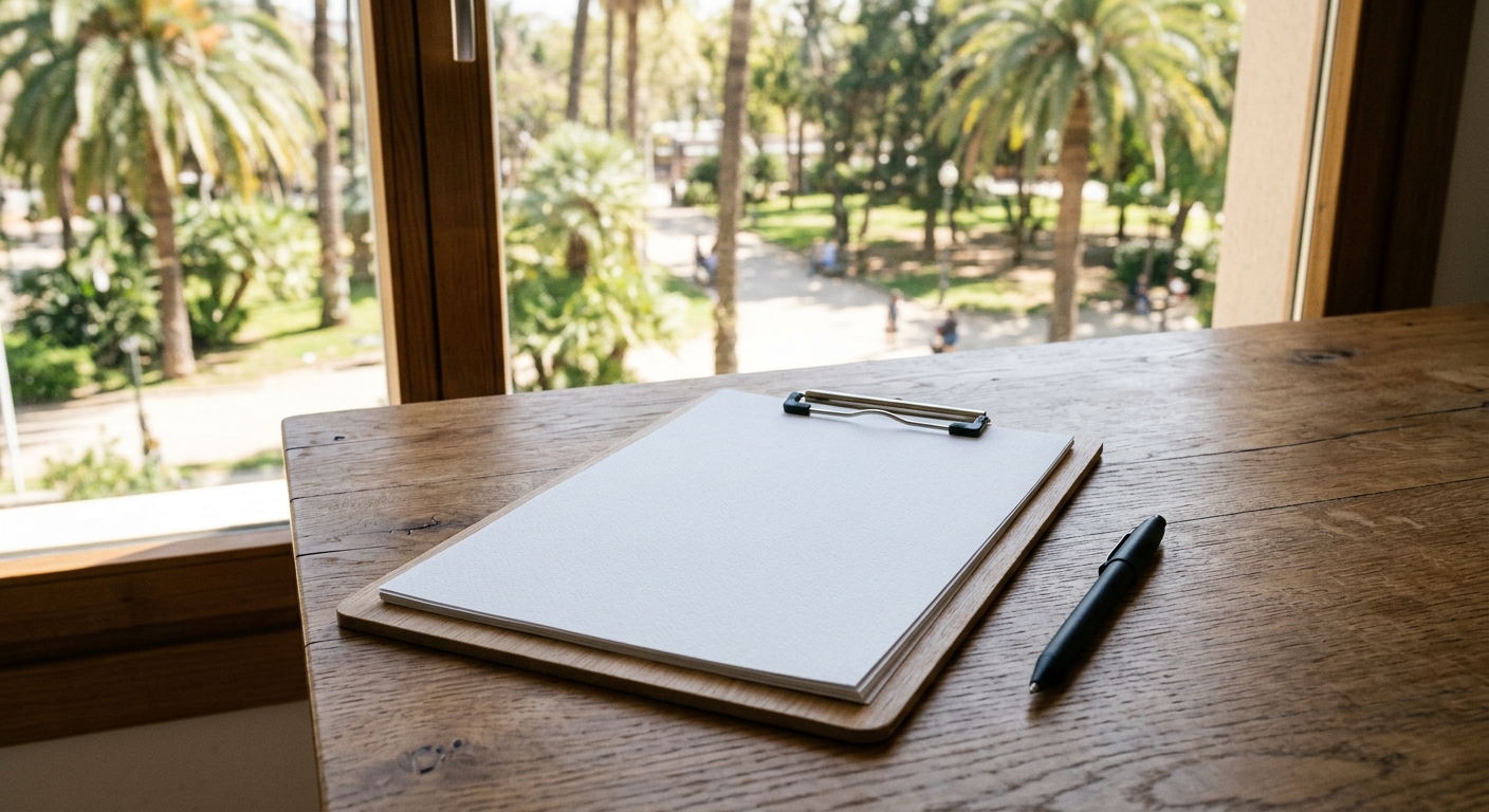 blank paper charts, a clipboard, and a black pen resting on a wooden conference table, with a softly blurred view of a sunny public park and palm trees through