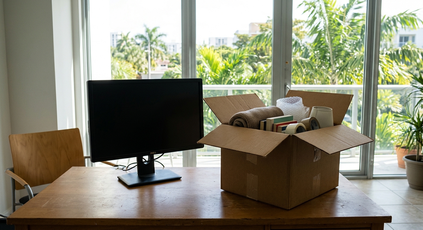 a partially packed cardboard box resting on an empty office desk next to a blank computer monitor, with bright sunlight and green palm trees visible through a l