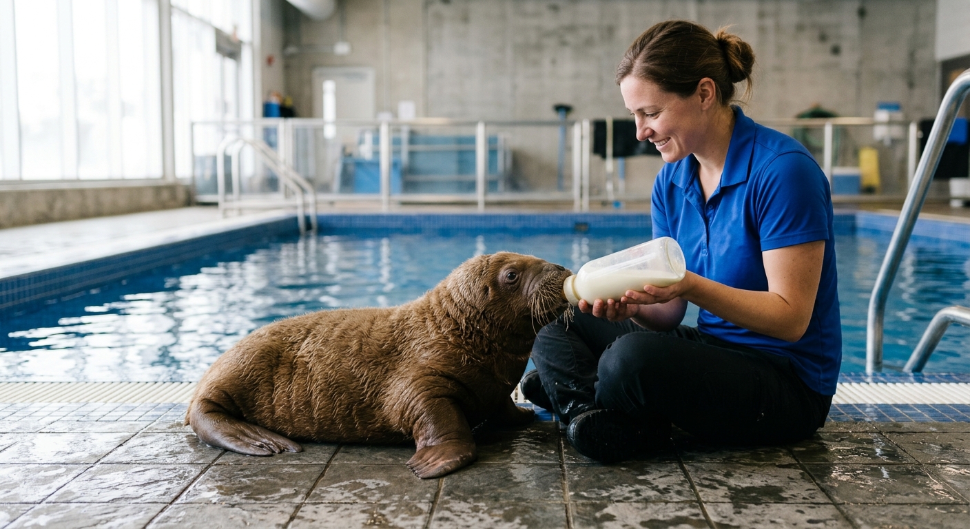 a young walrus calf resting on the wet edge of a tiled indoor marine rehabilitation pool, being bottle-fed by an animal care specialist in a generic blue polo s