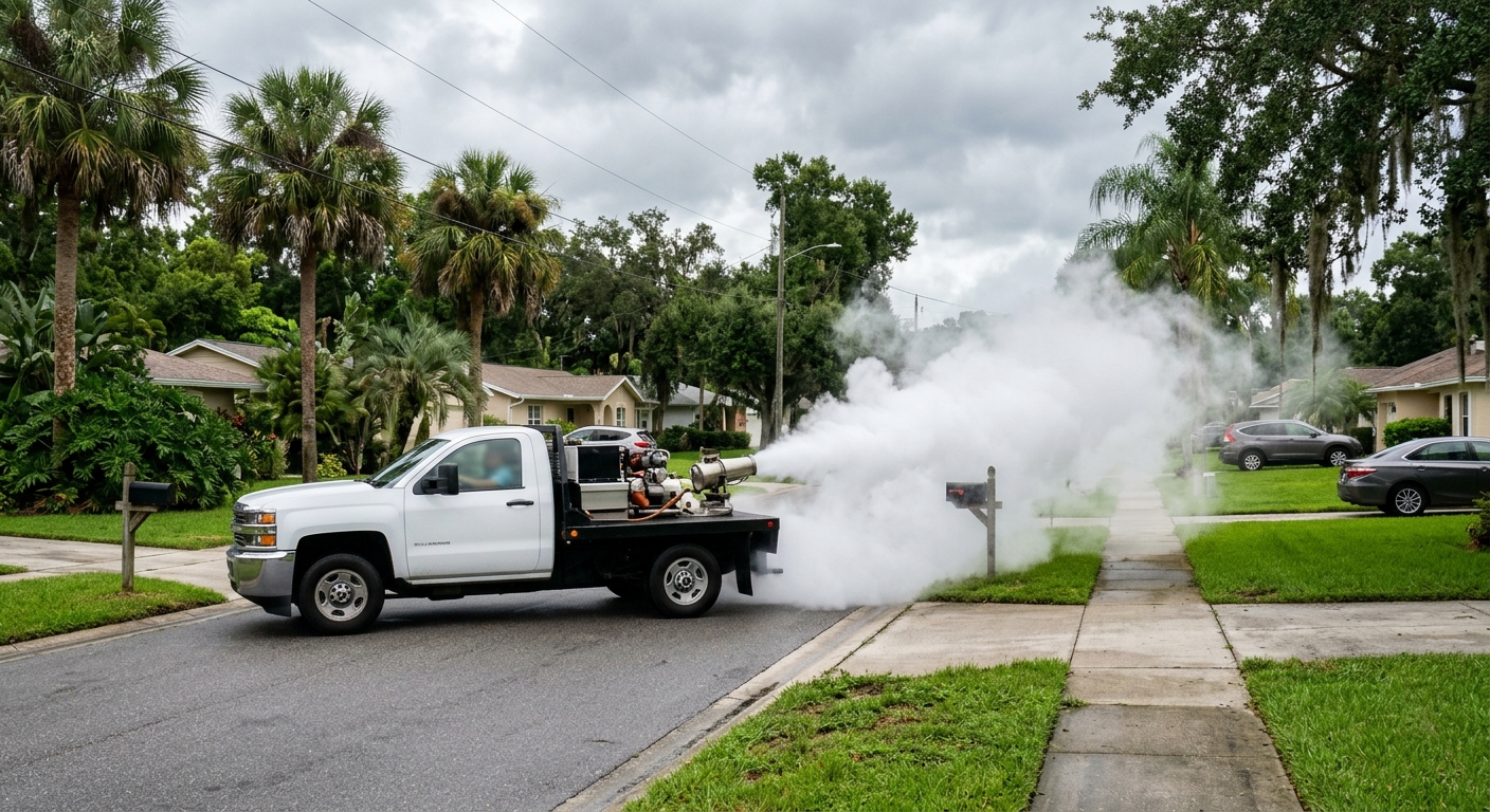 a municipal pickup truck driving slowly down a typical Florida suburban street lined with palm trees and green lawns, releasing a thick white cloud of mosquito