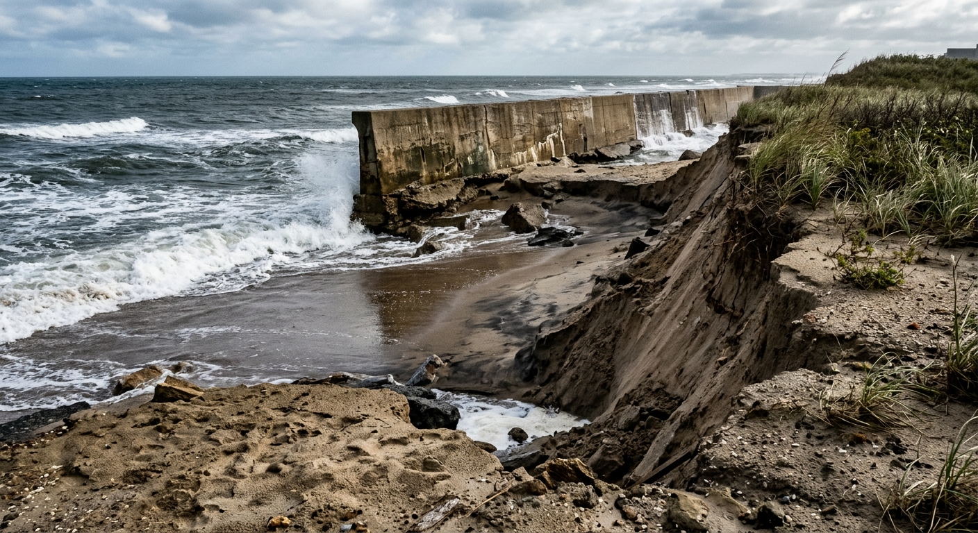an eroded sandy shoreline showing a steep drop-off in the wet sand and an exposed concrete seawall, with choppy ocean waves in the background and sparse coastal