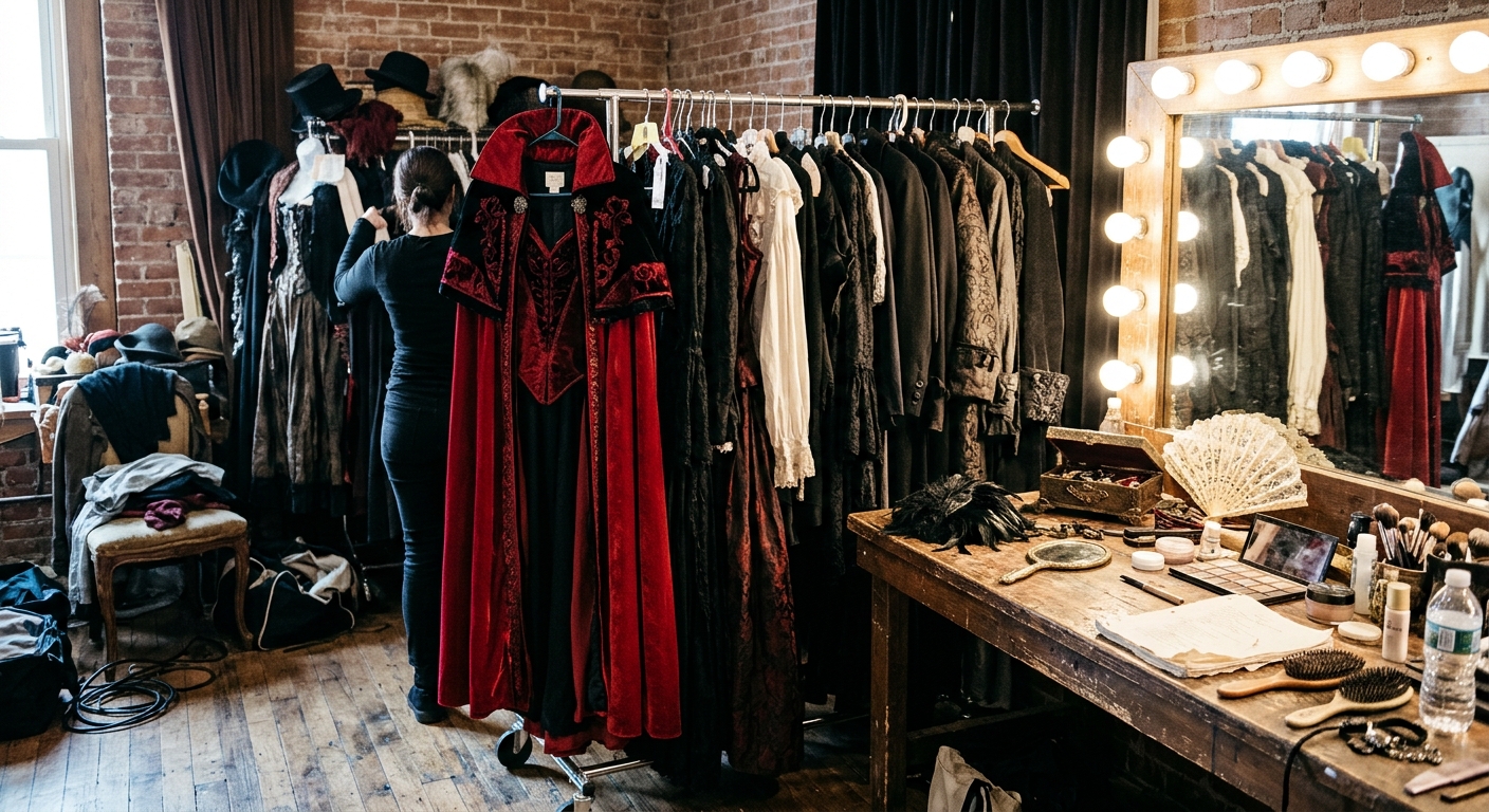 a backstage theater dressing room featuring a busy clothing rack filled with multiple gothic and Victorian costumes, including a prominent red and black vampire