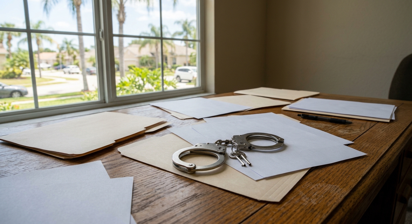 blank manila folders, scattered plain documents, and a pair of metal handcuffs resting on a wooden desk, with a window in the background showing a sunny suburba
