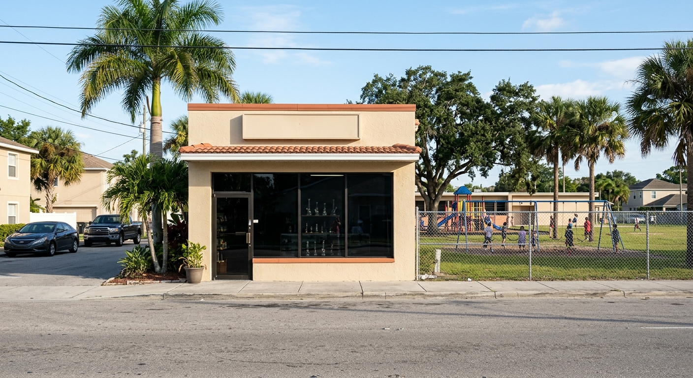 a small retail storefront with tinted glass windows and glass water pipes faintly visible inside, located on a sunlit suburban street across from a chain-link f