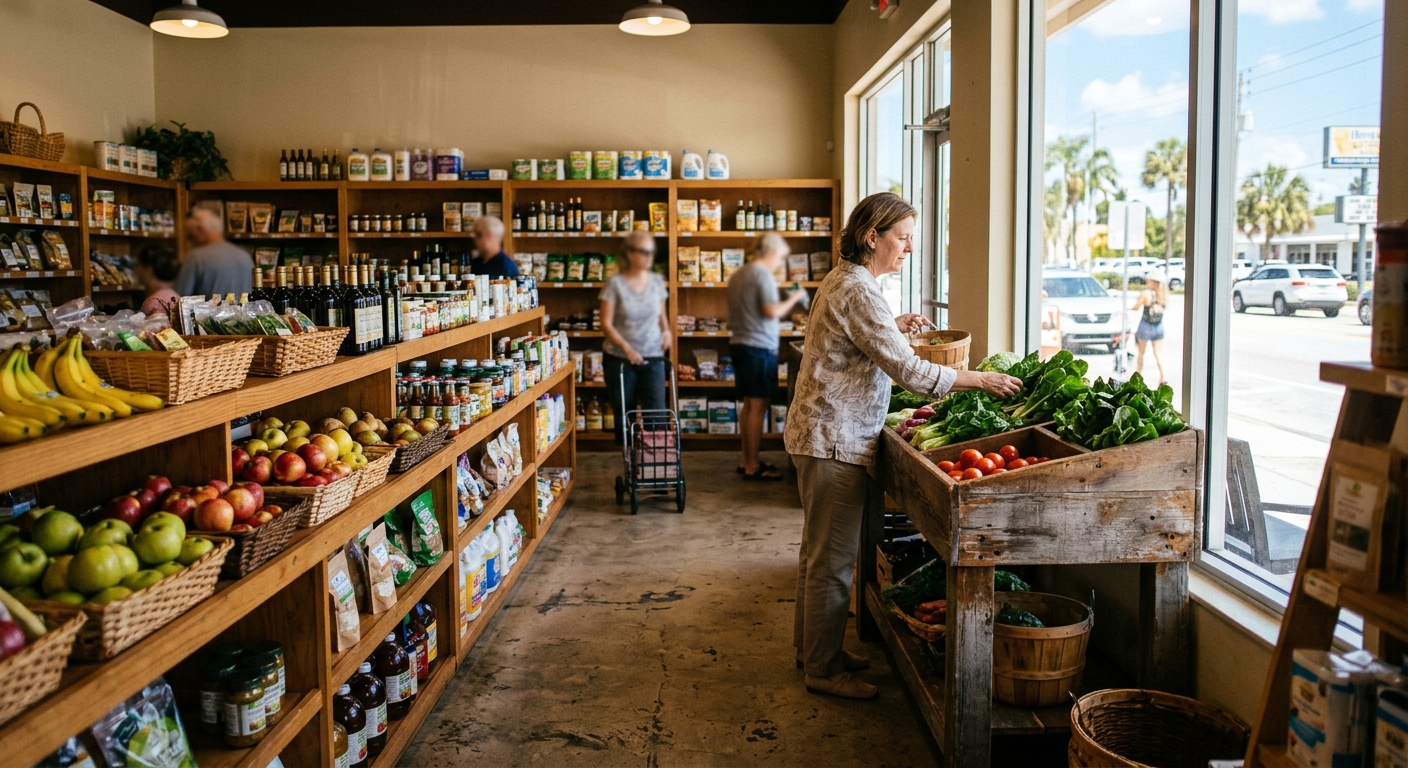 a small, welcoming neighborhood grocery market interior with wooden shelves neatly stocked with fresh produce and household essentials, a local resident selecti