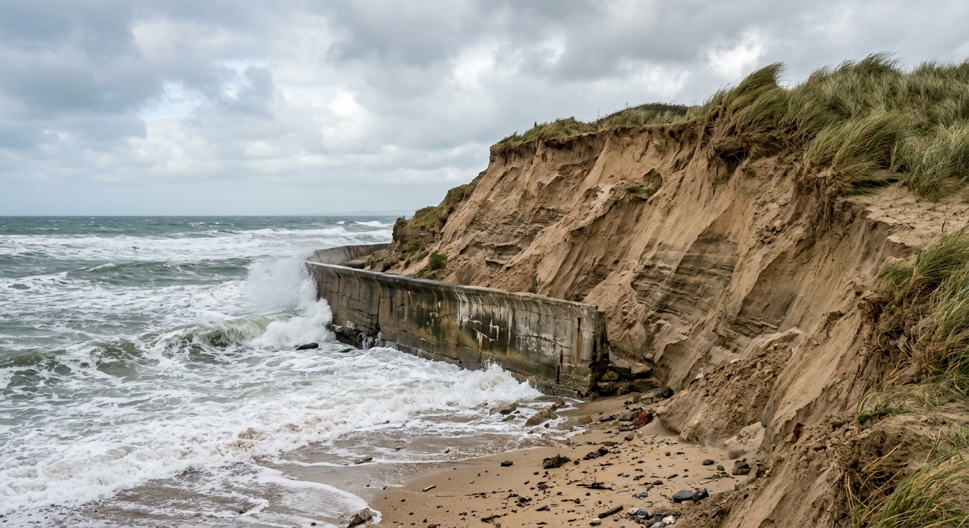 a severely eroded sandy coastline with a steep, freshly carved sand cliff and an exposed concrete seawall, rough choppy ocean waves crashing against the shore,