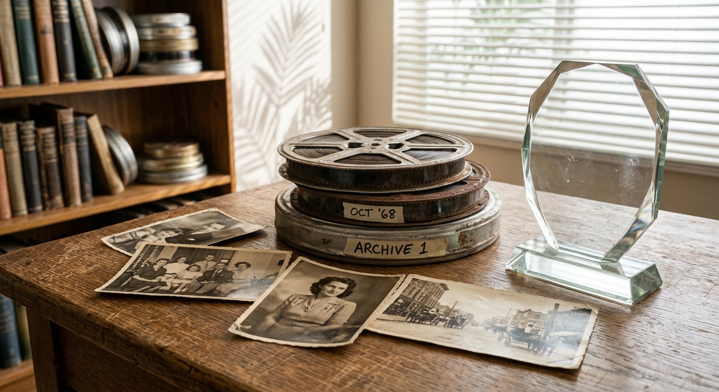 a stack of vintage film reels, scattered sepia-toned historical photographs, and a polished glass award trophy resting on a heavy oak archive table, bright sunl