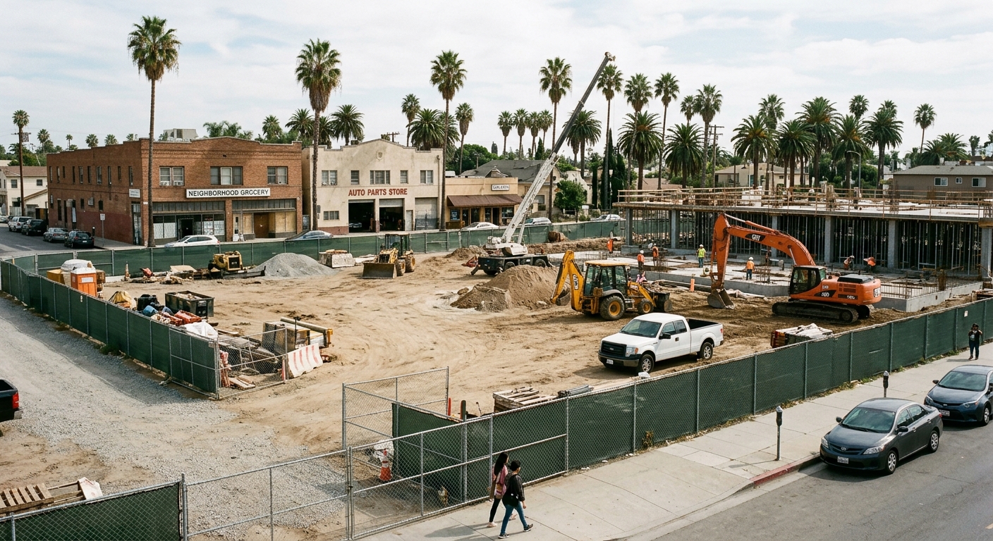 a fenced-off construction site for a new multi-story community center in a flat urban neighborhood, featuring a large dirt lot with parked construction vehicles