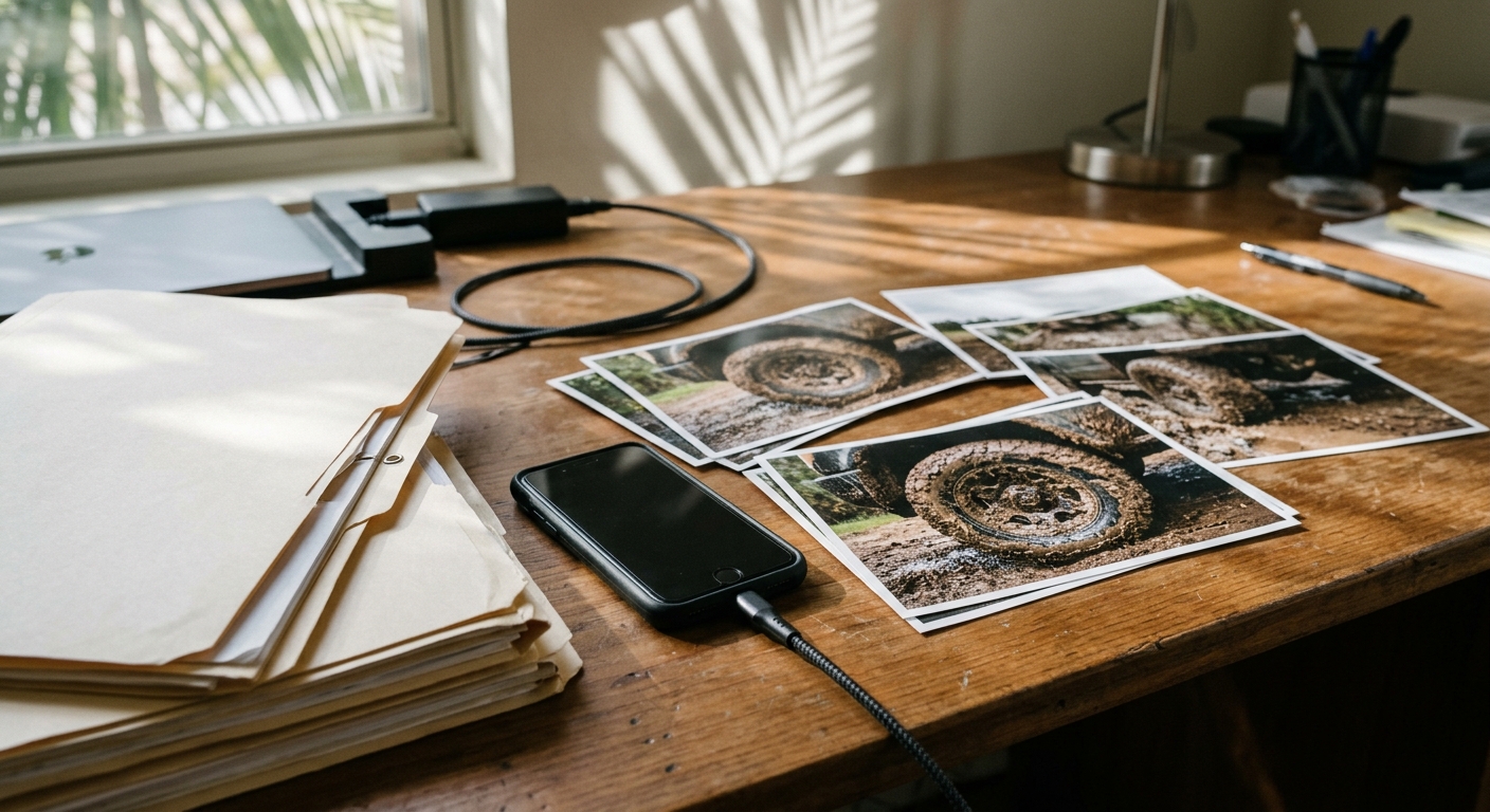 thick manila legal folders, scattered printed photographs of a muddy vehicle tire, and a smartphone connected to a black data cable resting on a wooden office d