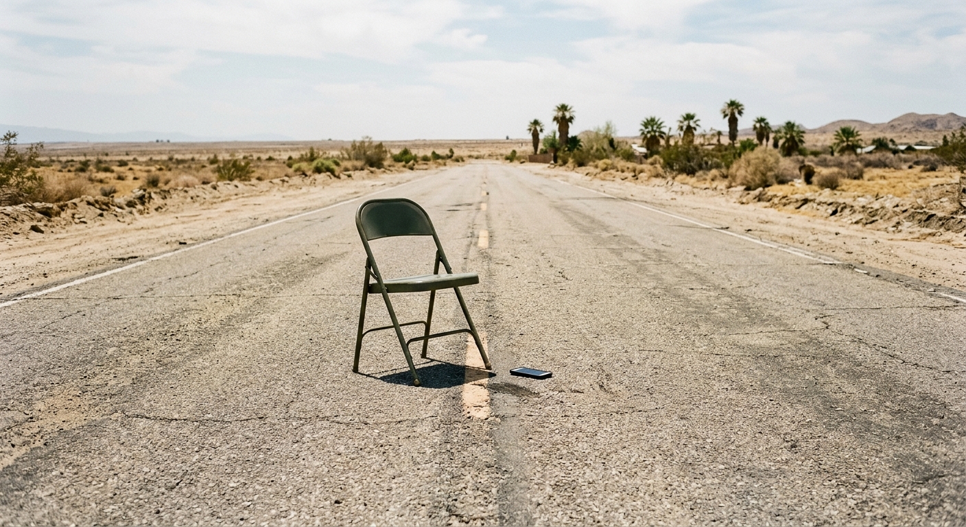 a lone folding chair and a dropped smartphone abandoned in the middle of a sun-bleached asphalt road, surrounded by flat terrain and scattered palm trees in the