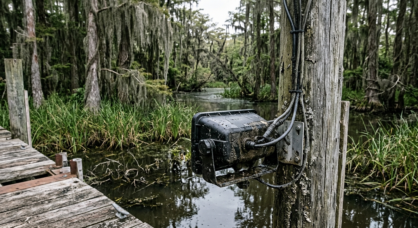 a rugged, waterproof sonar sensor device mounted on a weathered wooden dock overlooking a murky southern swamp with Spanish moss and sawgrass, natural everyday
