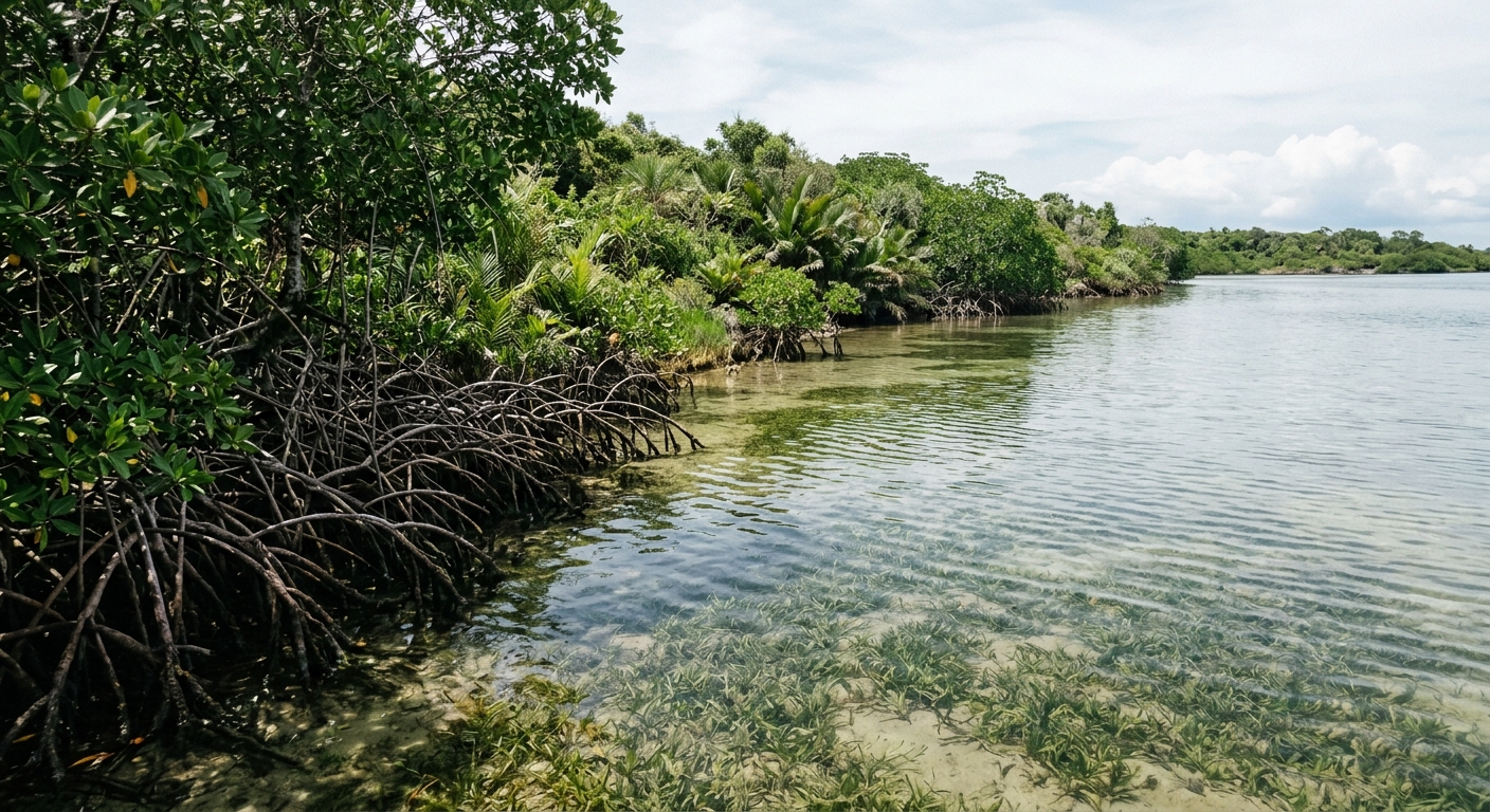 a calm, shallow coastal lagoon with patches of green seagrass visible beneath the water's surface, lined with thick mangrove roots and native coastal vegetation