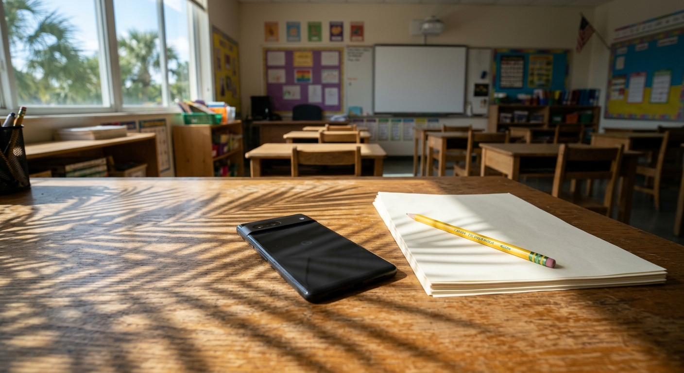 a smartphone lying face down on a teacher's wooden desk in an empty elementary school classroom, next to a stack of blank papers and a yellow pencil, bright sun
