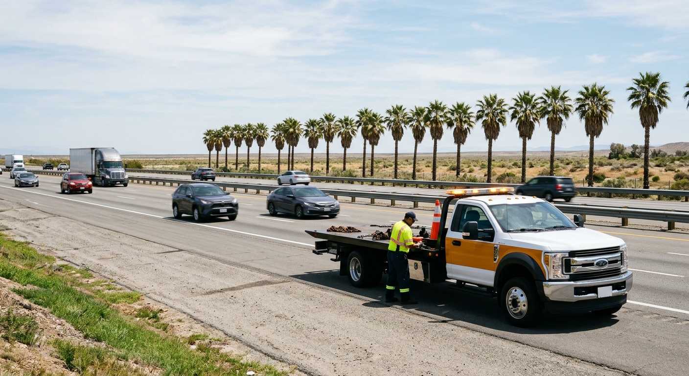 a roadside assistance vehicle parked on the paved shoulder of a sunlit highway, traffic passing by in the left lane, tall palm trees lining the distant flat hor