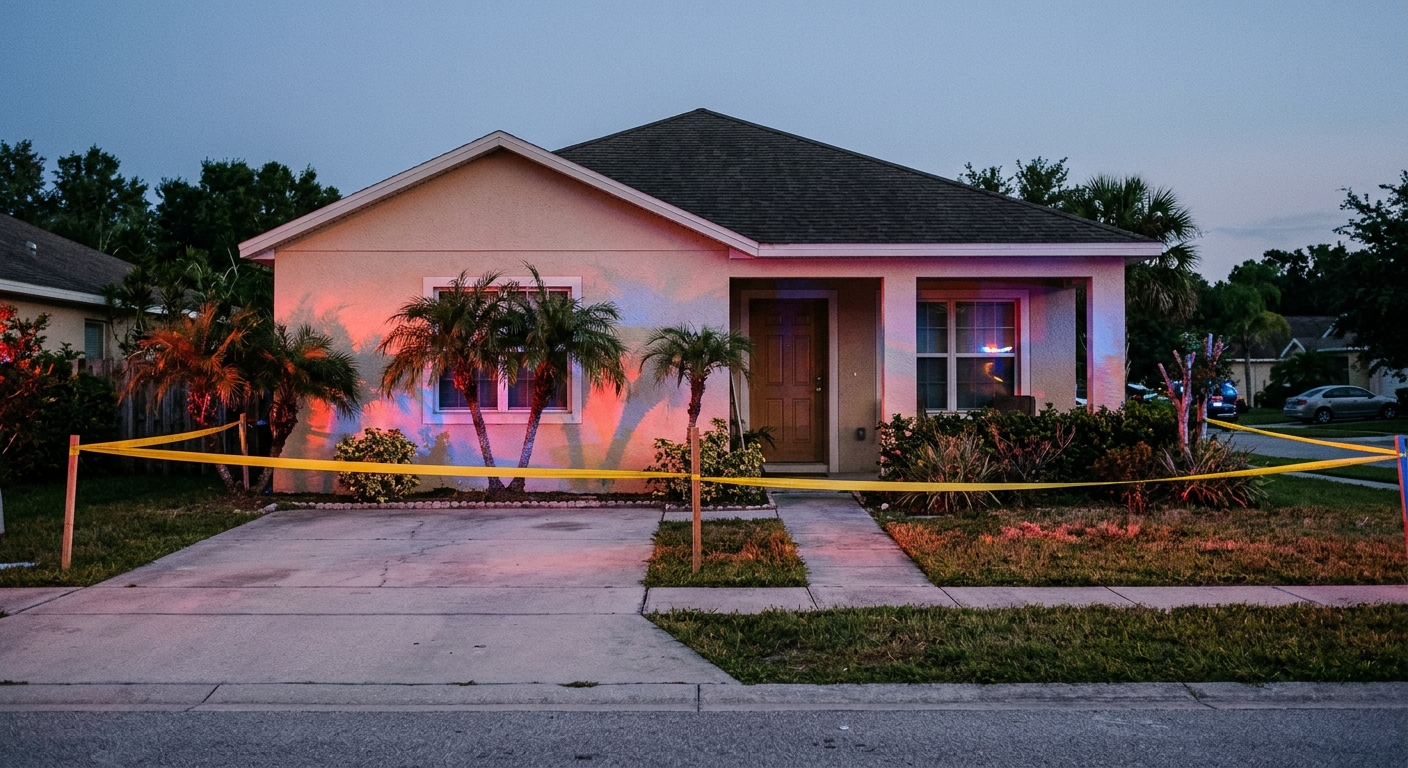 a single-story suburban house with a stucco exterior and small palm trees in the front yard, illuminated by the red and blue lights of out-of-frame emergency ve