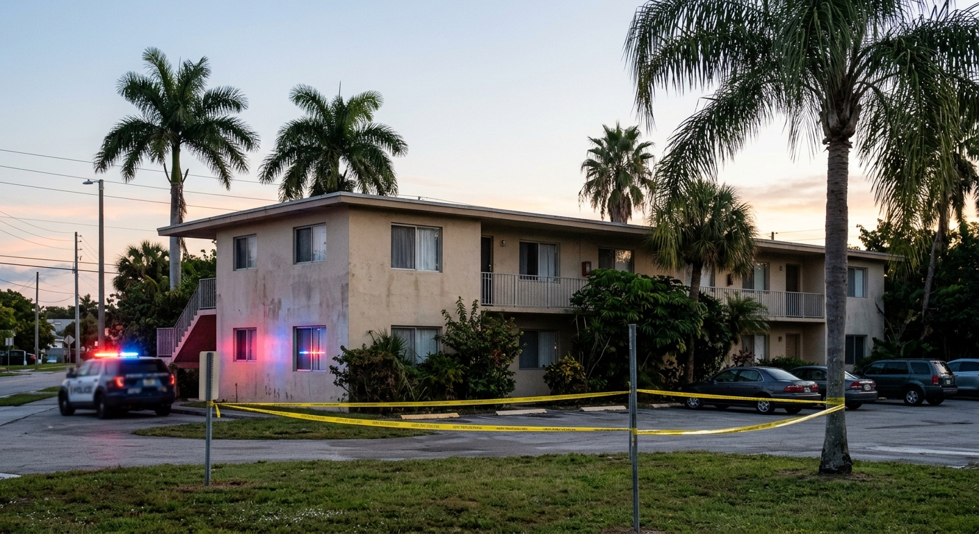a generic two-story stucco apartment building in a subtropical climate at dawn, surrounded by palm trees, with plain yellow barrier tape stretched across the fo