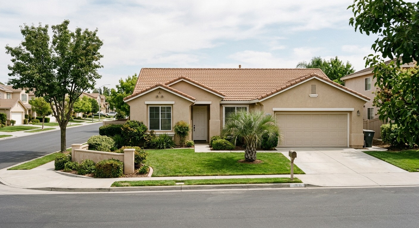 a typical suburban single-story stucco house with a tiled roof and a small palm tree in the front yard on a quiet, empty residential street, natural everyday li
