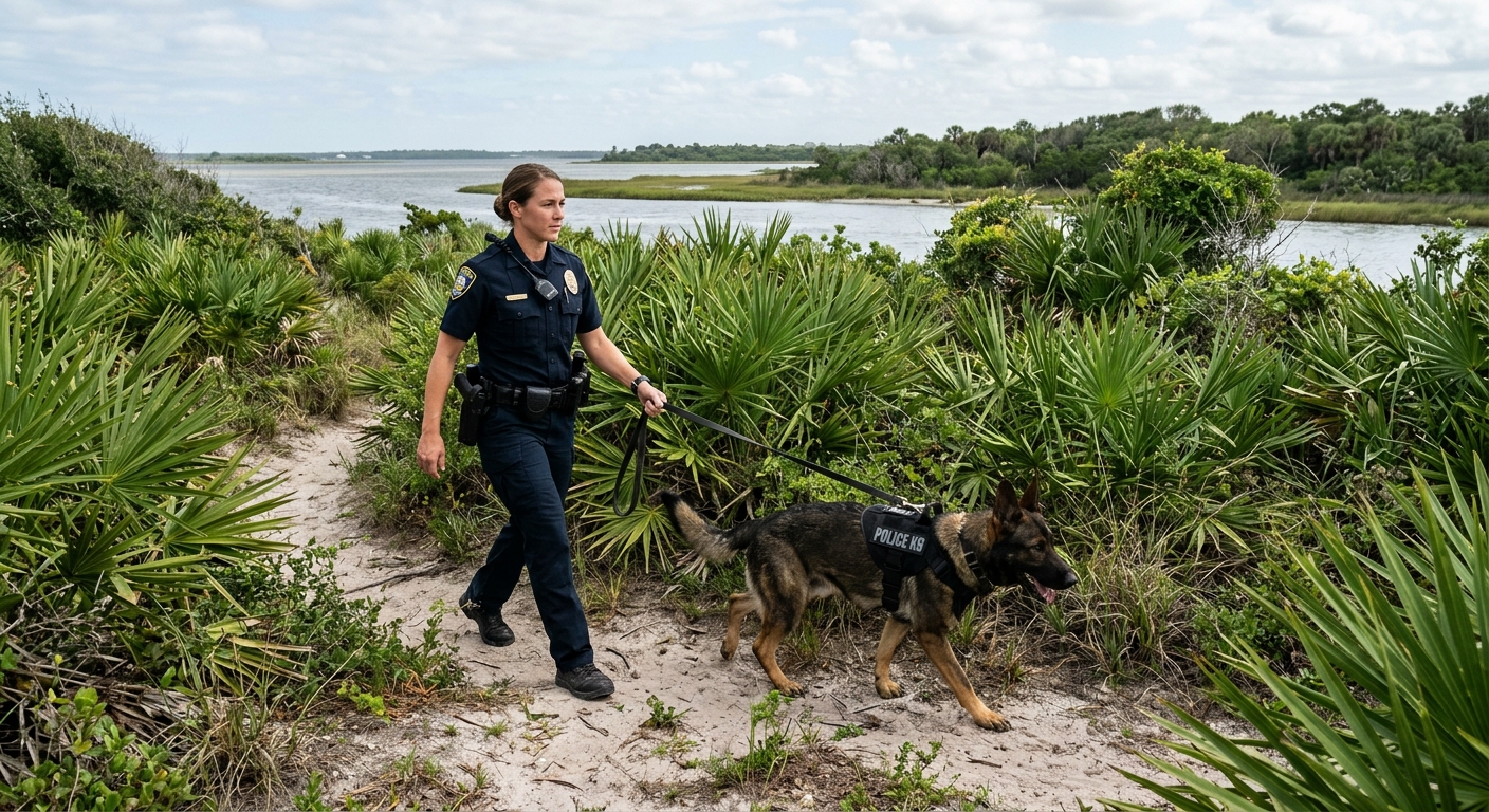 a law enforcement officer walking with a German Shepherd police dog through thick green palmetto brush and sandy terrain near a coastal inlet, natural everyday