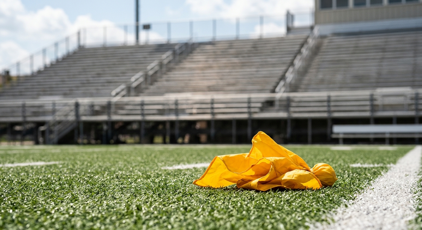 a yellow football penalty flag resting on the green artificial turf of an outdoor stadium, with out-of-focus empty metal bleachers in the background under brigh