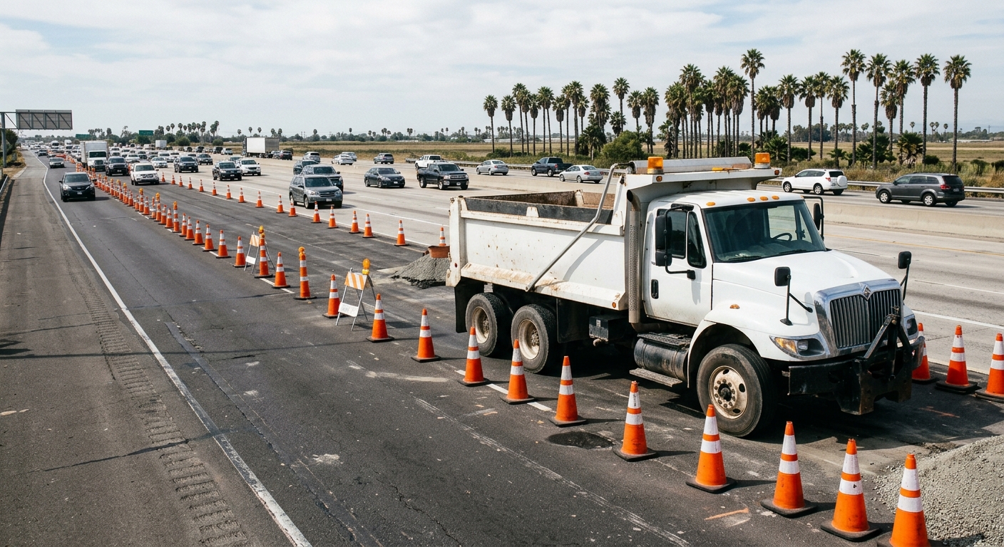 a large white highway construction truck parked in an active lane closure zone surrounded by orange traffic cones on an asphalt highway, flat terrain and distan