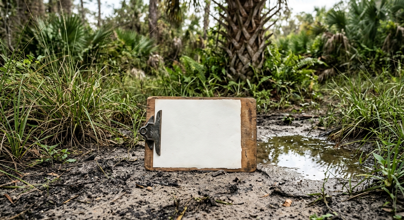 a weathered wooden clipboard with blank paper resting on sandy soil next to native wetland grass and a small puddle of water in a typical Central Florida landsc