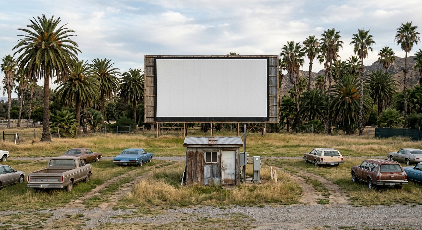 a large, blank outdoor drive-in movie screen standing in a grassy parking field surrounded by tall palm trees, with a small weathered projection building in the