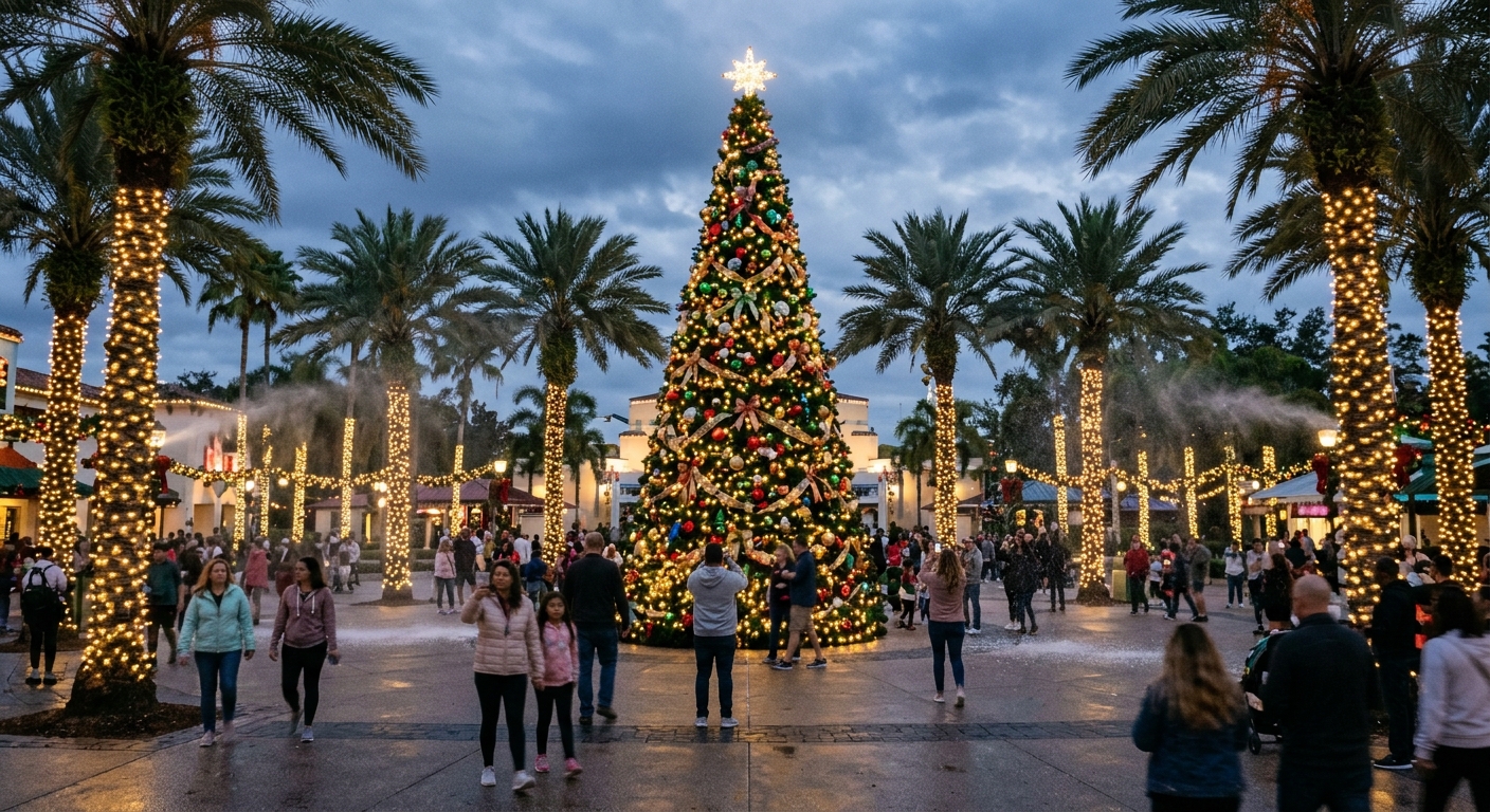 a large decorated Christmas tree in a paved outdoor plaza surrounded by tall palm trees wrapped in glowing holiday string lights, capturing a festive winter the