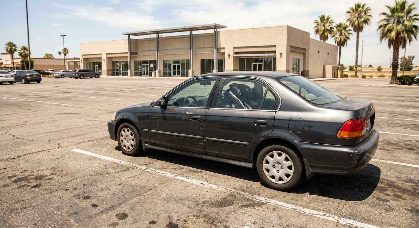 a parked car on a sunbaked asphalt parking lot outside a generic retail store, an empty child car seat visible through the back window, bright afternoon sun, di